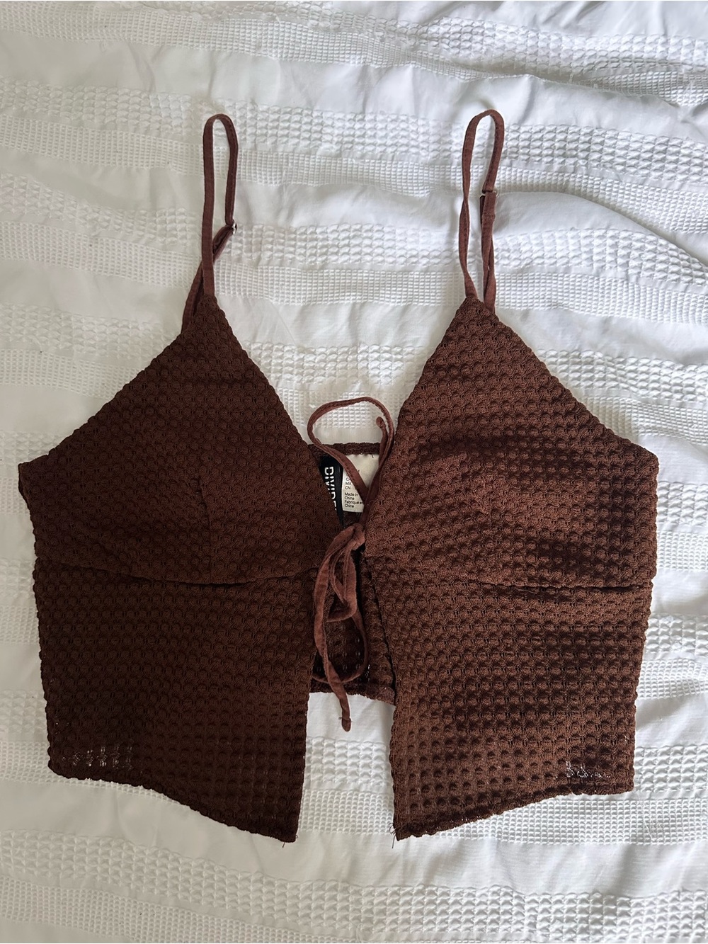 H&M Brown Textured Tie-Front Crop Top | Adjustable Straps